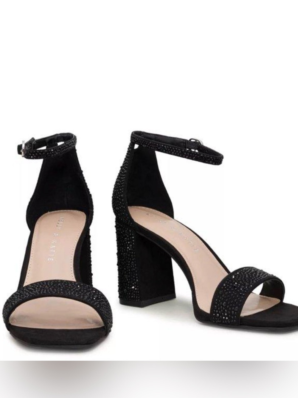 Kelly & Katie Caitlin Black Rhinestone Ankle Strap Block Heel Sandals Size 10W